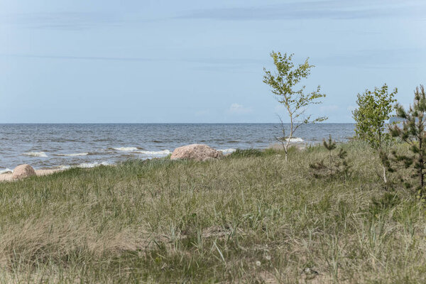 Темная скала, частично погруженная в морскую воду с маленькими волнами, разбивающимися на песчаном пляже под солнечным светом.