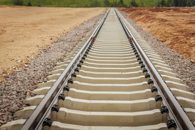 Uzun, düz tren yolları bulutlu bir gökyüzü altında yeşil orman alanlarının arasına kadar uzanıyor ve güçlü bir perspektif ve simetri sunuyor..