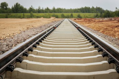 Uzun, düz tren yolları bulutlu bir gökyüzü altında yeşil orman alanlarının arasına kadar uzanıyor ve güçlü bir perspektif ve simetri sunuyor..