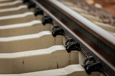 Paslı çelik demiryolu raylarının ayrıntılı görüntüsü beyaz beton üzerine monte edilmiş, arka planda yeşil yapraklarla köşegen bir açıyla yakalanmış..