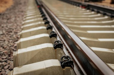 Uzun, düz tren yolları bulutlu bir gökyüzü altında yeşil orman alanlarının arasına kadar uzanıyor ve güçlü bir perspektif ve simetri sunuyor..