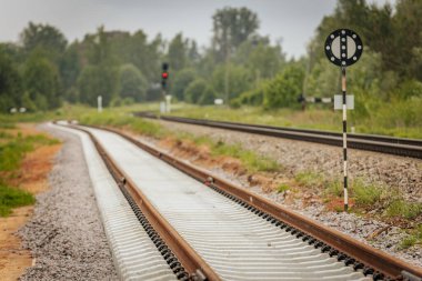 Uzun, düz tren yolları bulutlu bir gökyüzü altında yeşil orman alanlarının arasına kadar uzanıyor ve güçlü bir perspektif ve simetri sunuyor..