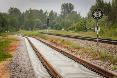 Uzun, düz tren yolları bulutlu bir gökyüzü altında yeşil orman alanlarının arasına kadar uzanıyor ve güçlü bir perspektif ve simetri sunuyor..