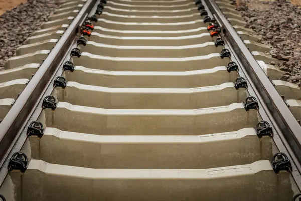 Paslı çelik demiryolu raylarının ayrıntılı görüntüsü beyaz beton üzerine monte edilmiş, arka planda yeşil yapraklarla köşegen bir açıyla yakalanmış..