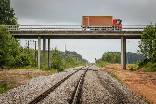 Uzun, düz tren yolları bulutlu bir gökyüzü altında yeşil orman alanlarının arasına kadar uzanıyor ve güçlü bir perspektif ve simetri sunuyor..