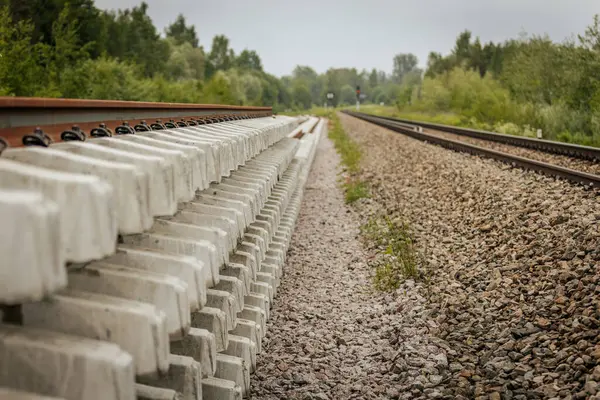Düzgün istiflenmiş beton ve çelik demiryolu bölümleri yeşil ağaçlar ve bulutlu gökyüzü ile çevrili aktif bir demiryolu hattı boyunca konumlandırılmıştır..