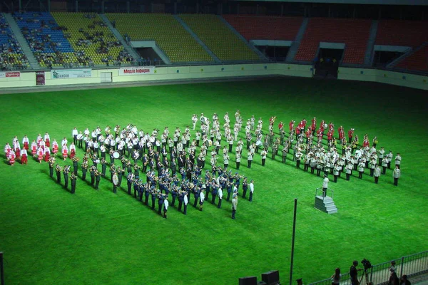 Military Orchestra Band Marching Green Stadium — Stock Photo, Image