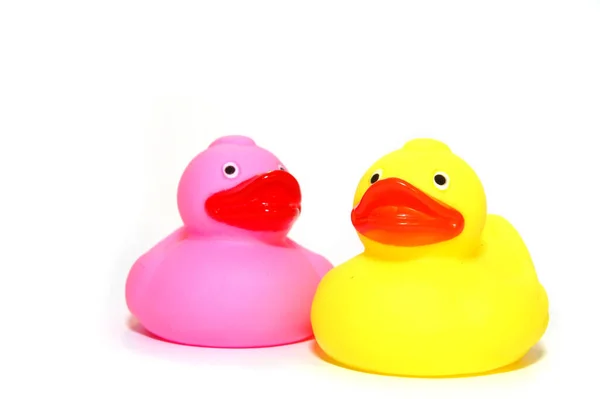 Kolorowe Gumowe Kaczki Zabawki Dla Dzieci Zbliżenie — Zdjęcie stockowe