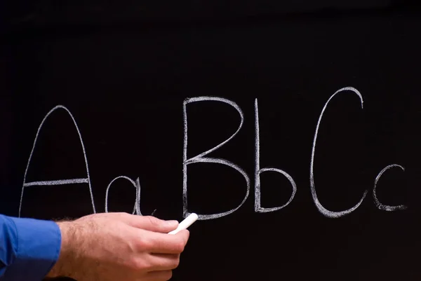 Teacher Writing Blackboard Background Close — Stock fotografie