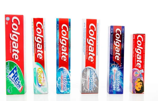 Selection Colgate Toothpastes White Background — Stock Photo, Image
