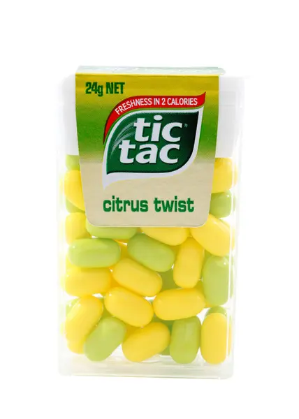 Container Citrus Twist Tic Tac Candies White Background — Stock Photo, Image