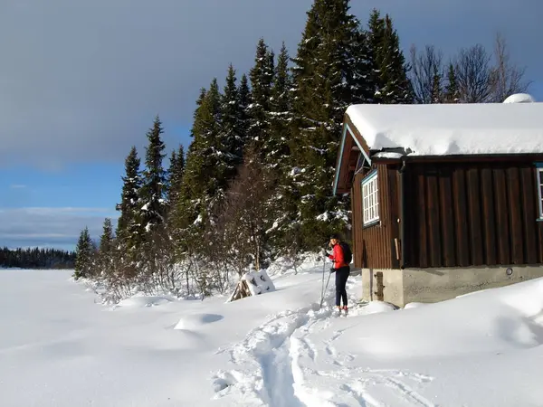 Σκανδιναβικός Τρόπος Ζωής Άνθρωποι Χαλαρώνουν Στα Βουνά Χειμώνα — Φωτογραφία Αρχείου