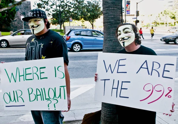 Two Protesters Masks Hold Signs Occupy — Stock Photo, Image