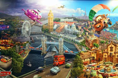 Hong Kong 'daki Pixar sergisi için Disney dekorasyonları.