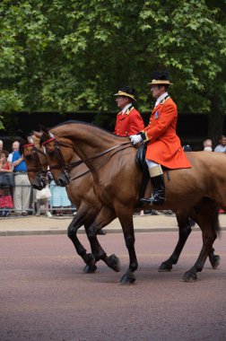 Londra, İngiltere'de Buckingham Sarayı'nda Kraliçe'nin muhafızları