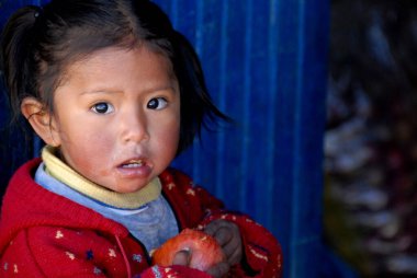 La Paz, Bolivya Eylül 2009: küçük tatlı bir kız elinde elmayla
