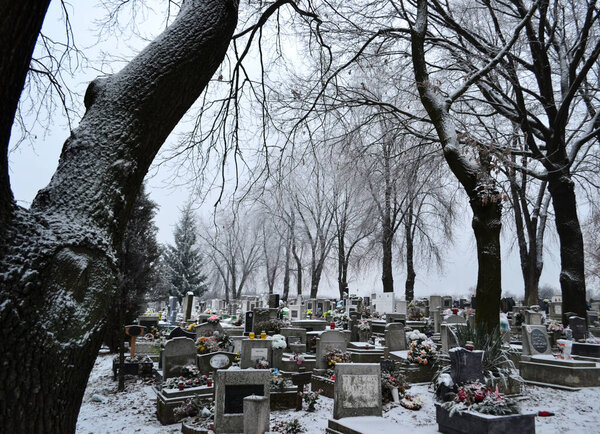 Кладбище на зимнем фоне