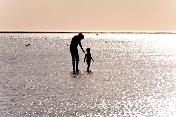 Silhouet Van Moeder Spelen Met Dochter Het Strand — Stockfoto