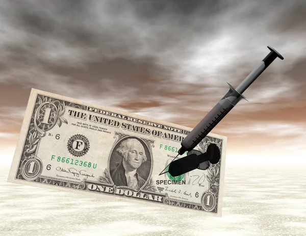 Dólar Con Jeringa Sobre Fondo Nublado —  Fotos de Stock