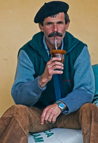 Portrét Atraktivního Muže Pijícího Čaj Rustikálním Stylu — Stock fotografie