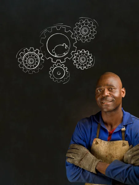African Black Man Industrial Worker Chalk Hamster Gears Blackboard — Stock Photo, Image