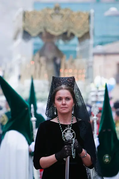 Frau Mantilla Während Einer Prozession Der Heiligen Woche Andalusien Spanien — Stockfoto