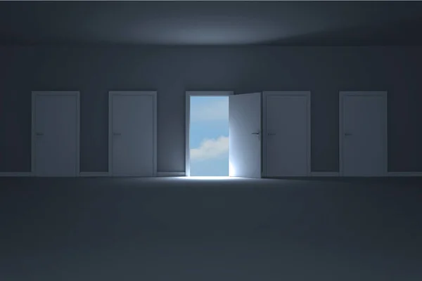 Ajtó Nyitása Sötét Szobában Sky Megjelenítése — Stock Fotó