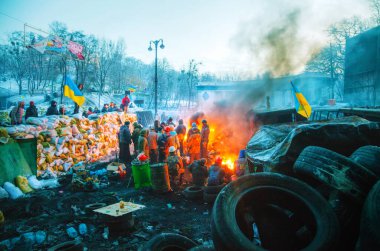 Barricade with the protesters at Hrushevskogo street in Kyiv, Ukraine 