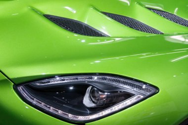 yeşil 2014 Dodge SRT Viper arabası, Kuzey Amerika Uluslararası Otomobil Fuarı 26 Ocak 2014, Detroit. lüks araba sergisi  
