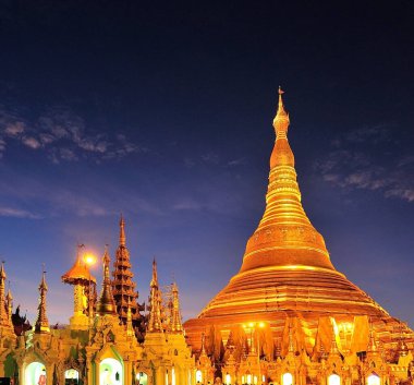 shwedagon golden pagoda, twilight, yangon, myanmar