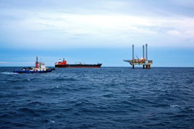 The offshore oil rig in early morning, Gulf of Thailand. 