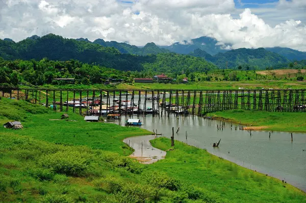 Wood Bridge River Mountain Kanchanaburi Thailand — Stock Photo, Image