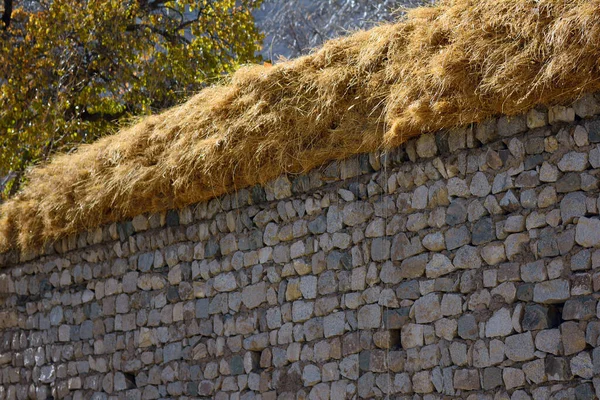 印度北部拉达克公路上的砖墙和稻草屋顶 — 图库照片