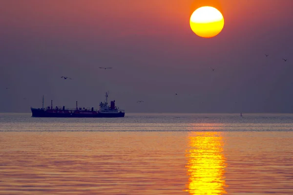 海の夕暮れ時 ばら積み船 — ストック写真