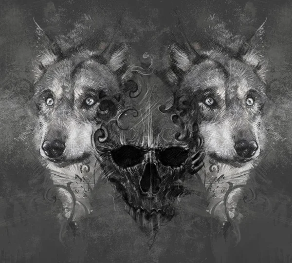 頭蓋骨によるオオカミのイラスト 灰色の背景にタトゥーデザイン — ストック写真