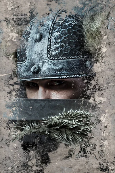 维京战士与老式带纹理的背景上的头盔 — 图库照片