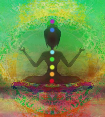 Yoga nilüfer pozu. Renkli çakra noktalı Padmasana.