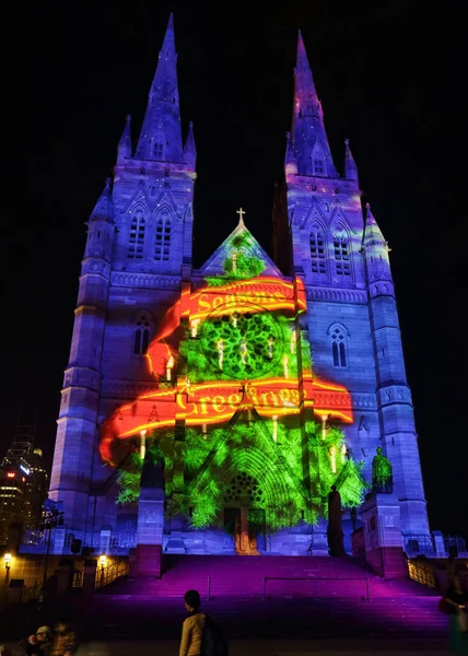 Saludos Temporada Árboles Navidad Catedral Santa María Sydney —  Fotos de Stock