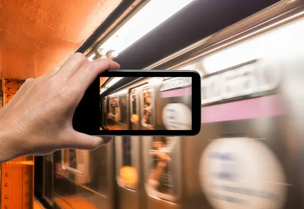 Female Hand Smartphone Taking Picture New York Subway — Stock Photo, Image
