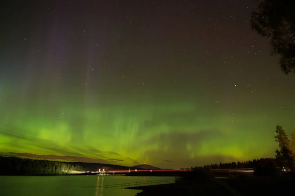 Aurora Borealis Kuzey Işıkları Nordlys Gece Gökyüzünde Fiyortların Üzerinde Kvaloya — Stok fotoğraf