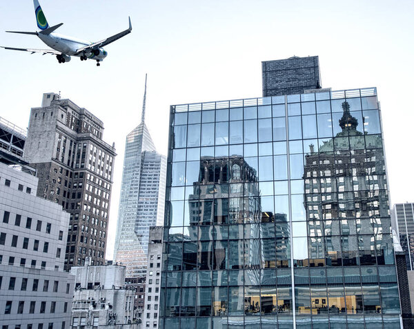 Aircraft overflying New York City skyline