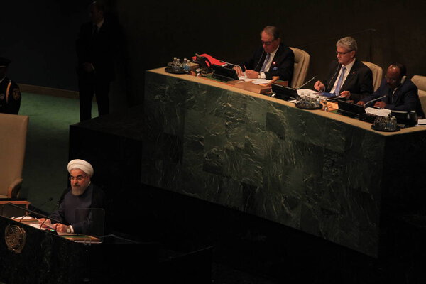 UNITED STATES, New York: Iranian President Hassan Rouhani addresses the United Nations general assembly in New York City on September 28, 2015.           