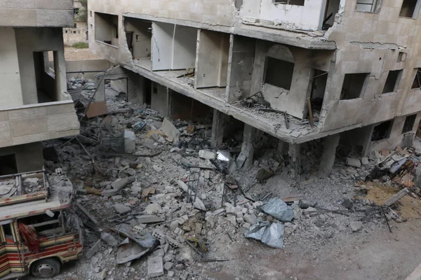 Syria Damascus Beschadigde Gebouwen Zijn Zien Wijk Marj Sultan Het — Stockfoto