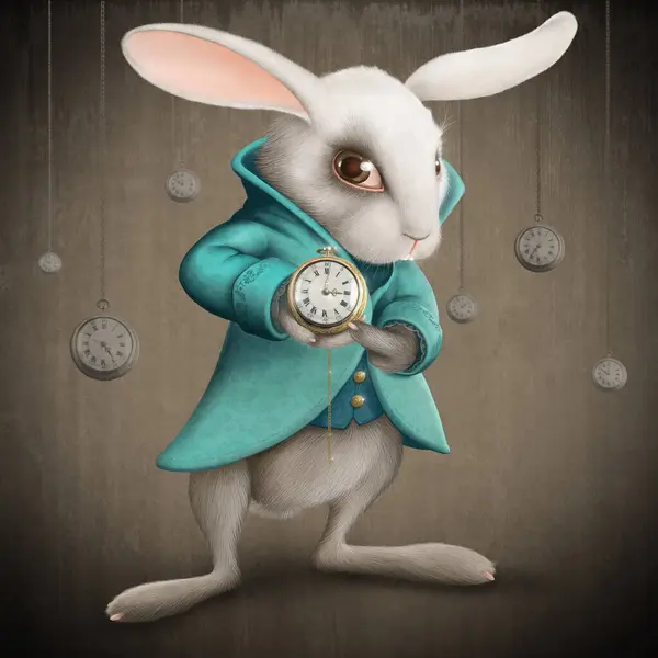 Coelho Branco Com Relógio Ilustração Colorida — Fotografia de Stock