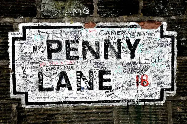 Πινακίδα Penny Lane Στον Τοίχο Του Δρόμου — Φωτογραφία Αρχείου