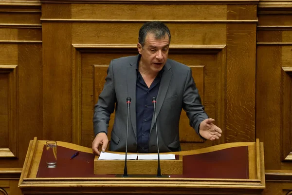 Greece Athens Potami Party Leader Stavros Theodorakis Addresses Greece Hellenic — Stock Photo, Image