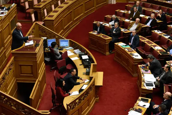Kreikka Ateena Demokraatti Vangelis Meimarakis Puhuu Kreikan Parlamentille Joka Sitten — kuvapankkivalokuva