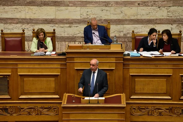 Kreikka Ateena Demokraatti Vangelis Meimarakis Puhuu Kreikan Parlamentille Joka Sitten — kuvapankkivalokuva