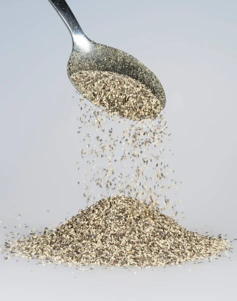 Black Pepper Falling Tablespoon — Stock Photo, Image