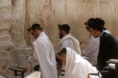 Jewish men pray at the western wall in Jerusalem